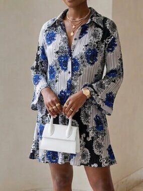 Milano Floral Pleated Flare Button-Front Mini Dress SZ L